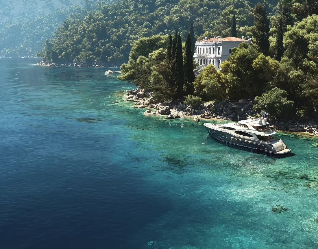 A superyacht at anchor in a turquoise cove below a wooded headland